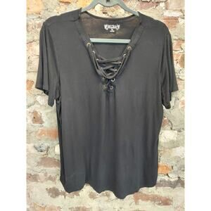 Mudd Womens Lace Up T-Shirt Size XXL Black V-Neck Short Sleeve Casual Top